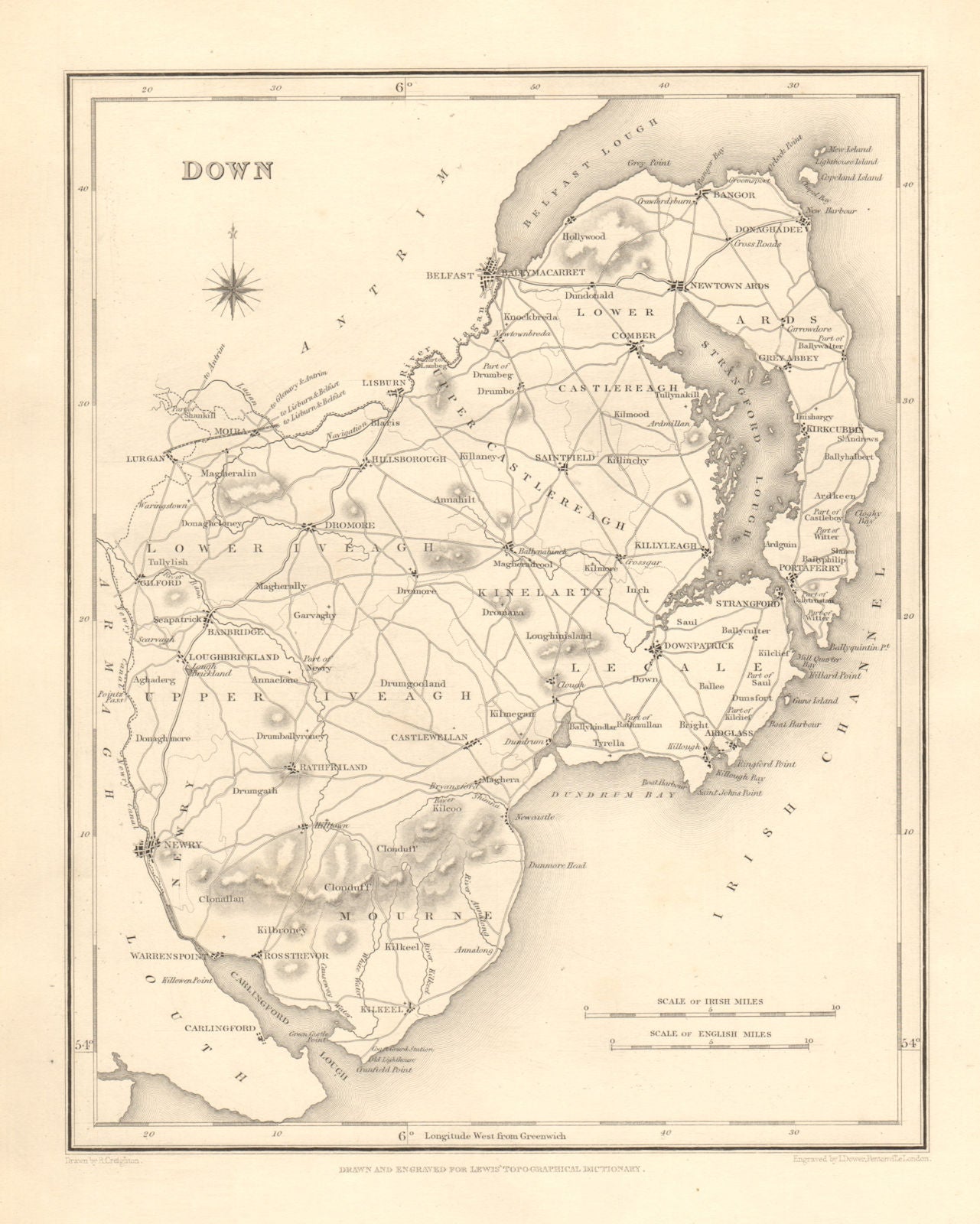 COUNTY DOWN antique map for LEWIS by CREIGHTON & DOWER - Ulster 1846 old